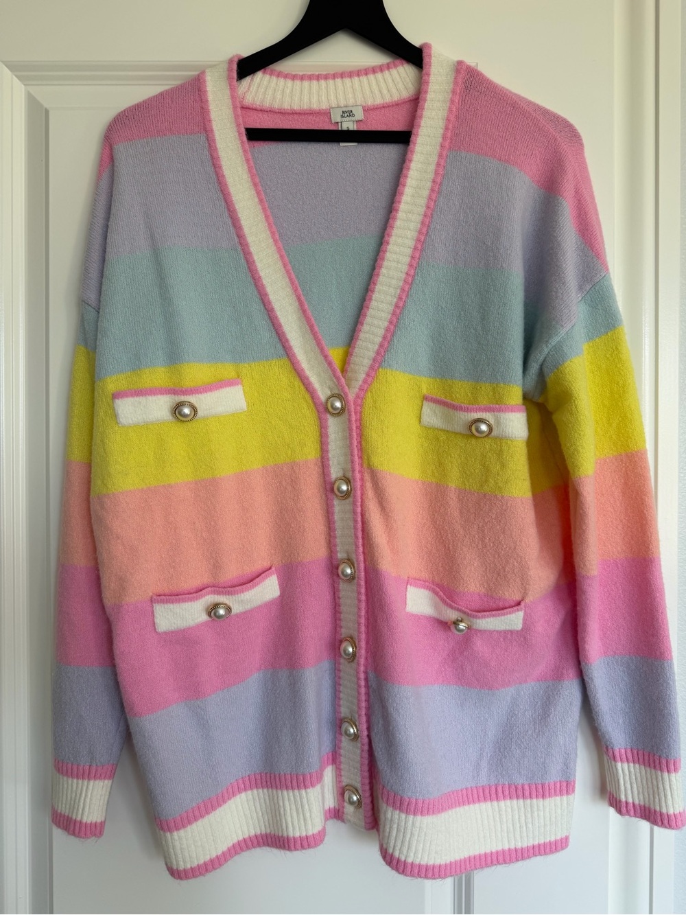 River Island Pastel Stripe Cardigan in Pink, Yellow, Lavender & Peach